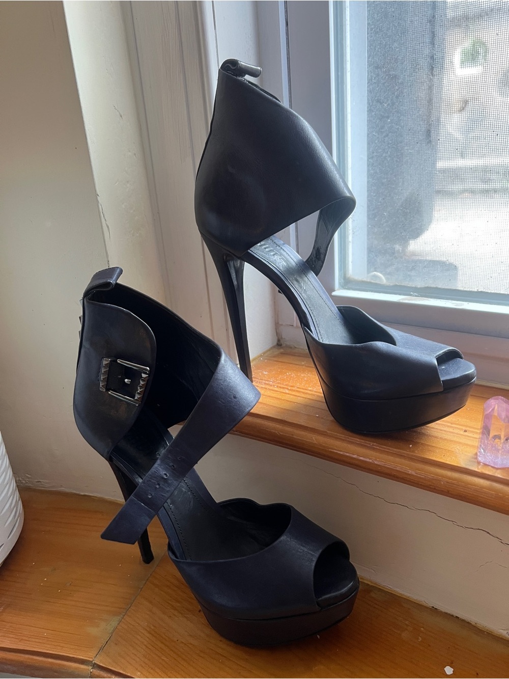Black Open-Toe Platform Stiletto Heels with Ankle Strap
